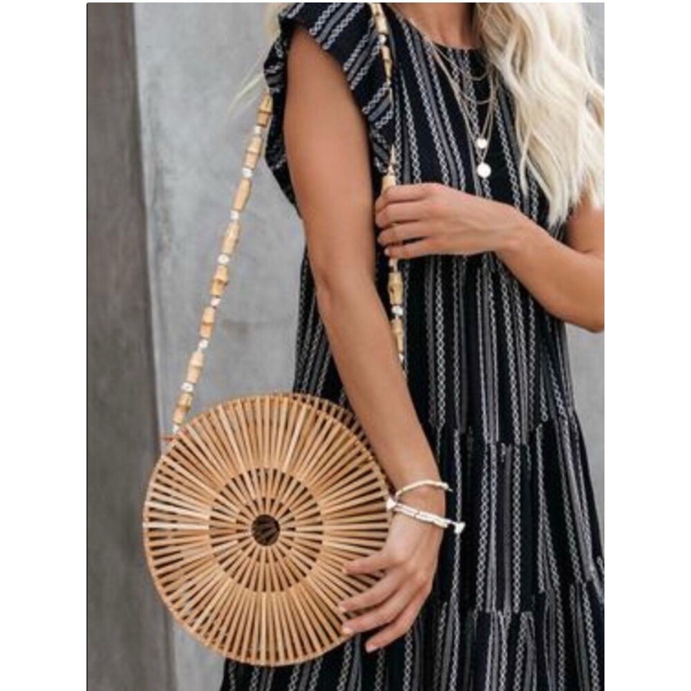 Round Bamboo Crossbody Bag Natural Woven Circle Purse Beaded Strap Resortwear